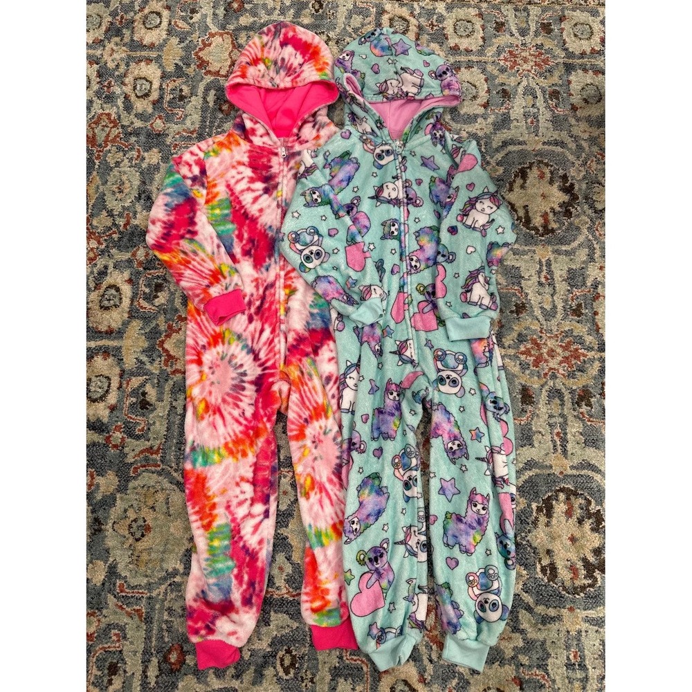 PJ Place Fleece Hooded One Piece Girls 5/6 Pink Blue Tie Dye Animals EUC Bundle